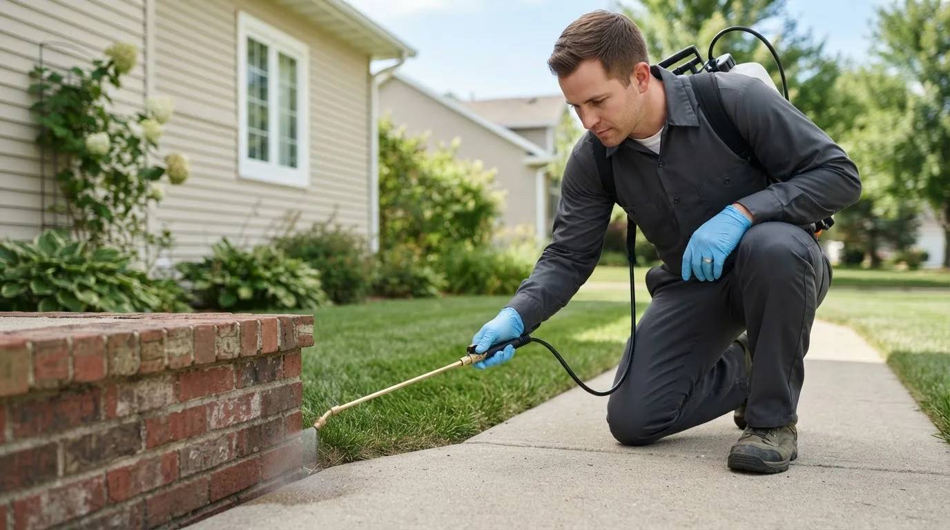 Pest control technician treating a home near Ortley, SD